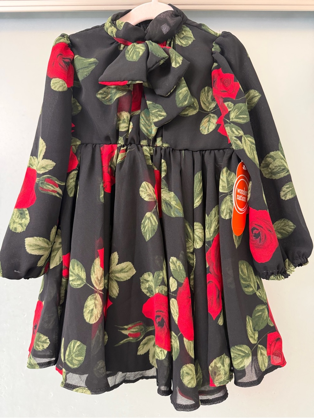 Girls Black & Red Rose Print Bow Neck Dress 18M